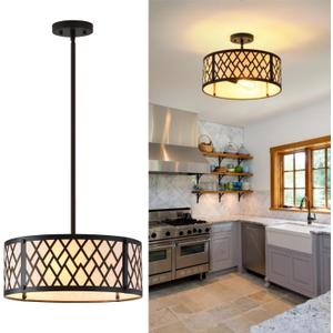 SGLfarmty 15.7" Black Drum Chandelier, 3-Light Semi Flush Mount Ceiling Drum Light Fixture with White Fabric Shade, Farmhouse Hanging Pendant Light for Dining Room Kitchen Island Bedroom