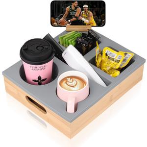 Couch Cup Holder Tray, Couch Caddy with Rotatable Phone Holder, Wooden Sofa Drink Holder with Handle for Bed Car Seat Beach Organizer, Anti-Spill for Snacks Beverage Remote Grey (Gray)