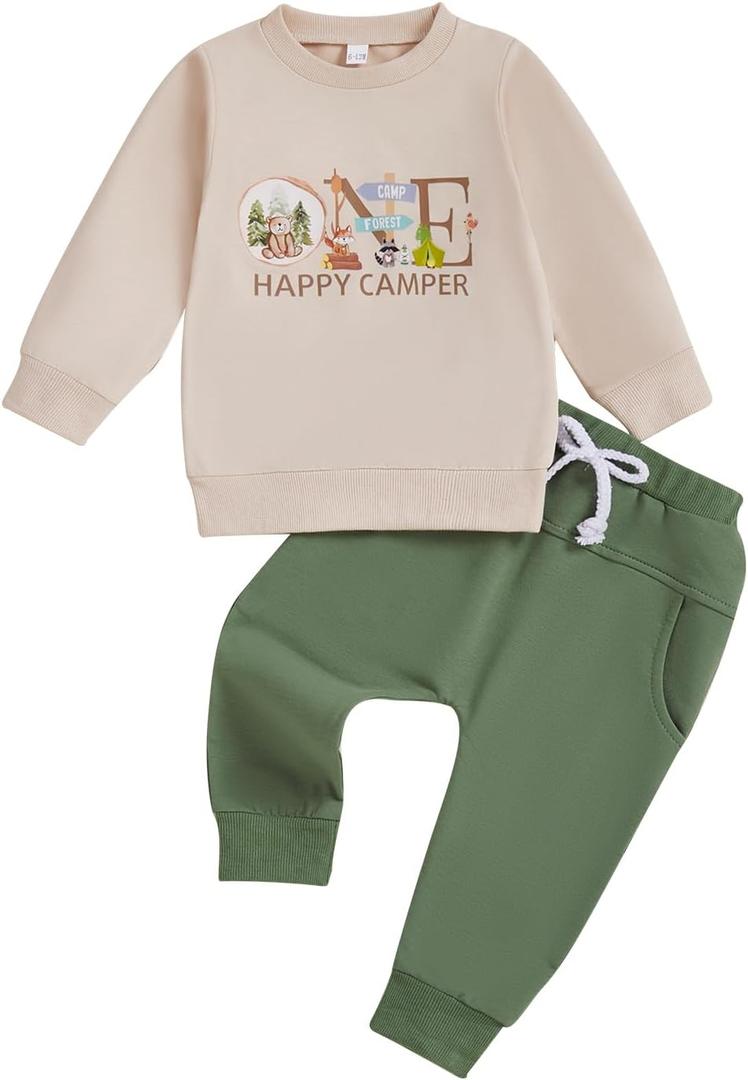 Baby Boy First Birthday Outfit Long Sleeve One Year Birthday Sweatshirt and Pants Sets Cake Smash Outfit 2Pcs (12-18 Months, A-Beige Green)
