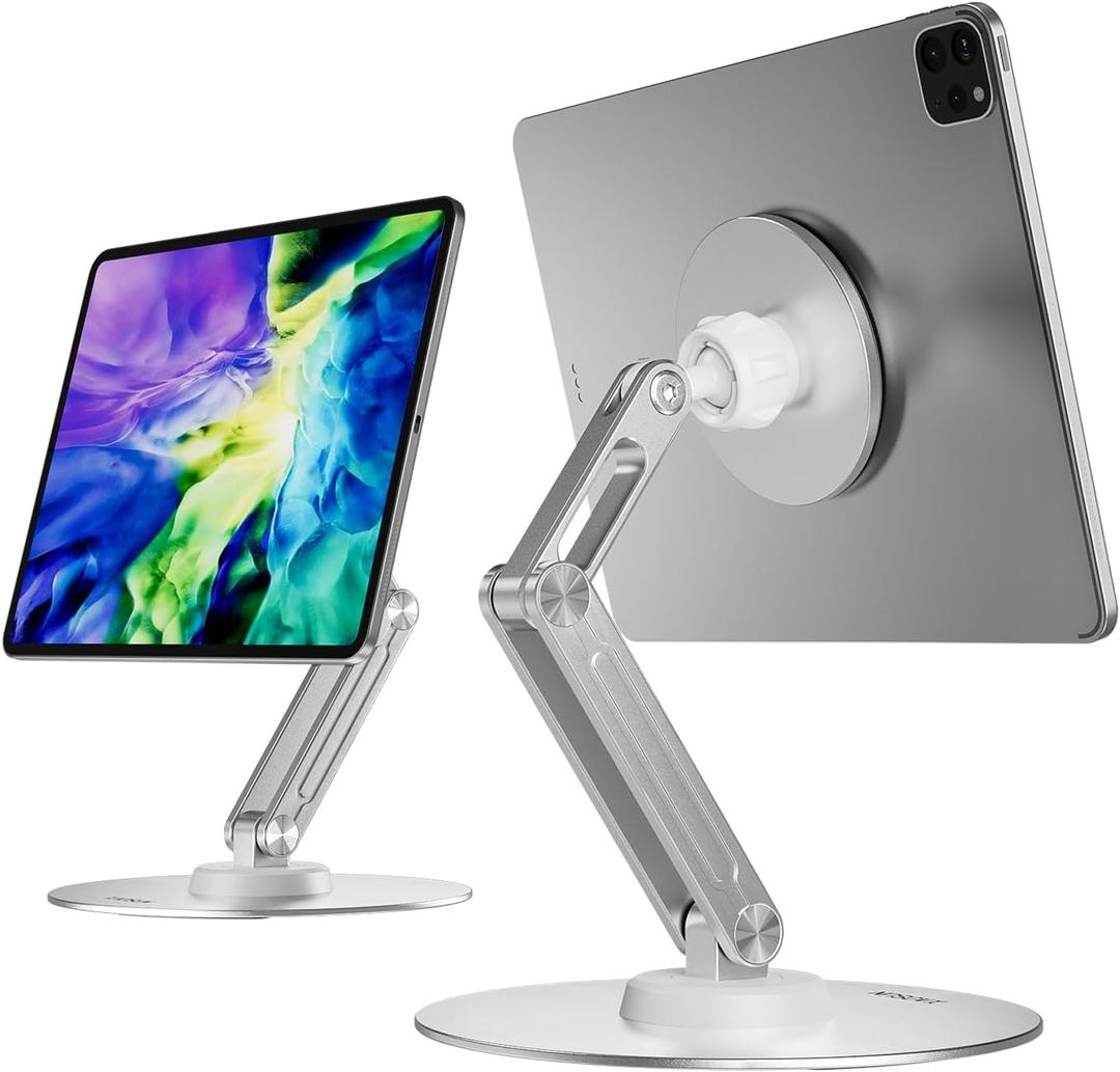 XAOSUN Tablet Stand Magnetic for ipad Stand Desk 360Rotation, Multi-Angle Tablet Holder Adjustable Foldable for Home Office Accessories, Silver