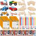 24 Sets Race Car Party Favors Monster Truck Transportation Airplane DIY Wood Painting Craft Kit with Bubble Wand & Word Search Cards for Birthday Party Activity Goodie Bag Gift Prize