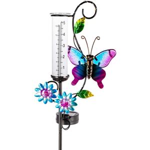 Butterfly Rain Gauge with 5 Inch Glass Tube, Solar Rain Gauge with LED Lights Rain Water Gauge Decor for Patio, Garden Yard, Measuring Precipitation