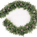9Ft Pre-Lit Christmas Garland, Plug in, Green, 50 White Lights, Fireplace Stairs Mantle Door Indoor Outdoor, Decorated Pine Cone and Snow Style