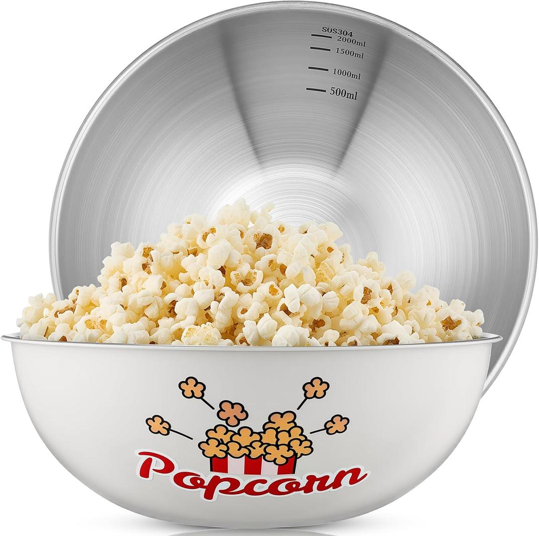 2 Pcs Stainless Steel Popcorn Bowl Set for Movie Night Carnival Party 3 Qt Reusable Metal Popcorn Buckets Large Snacks Mixing Bowl Serving Container for Home Kitchen (Pop,White)