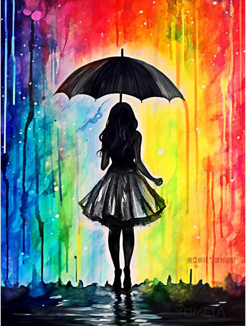 5 x YOMEIA 5D Diamond Painting Kit for Adults - Full Drill Round Diamonds Art with Elegant Girl in Rain (16x12 inch) DIY Craft for Stress Relief, Home Wall Decor & Gift for Women Beginners