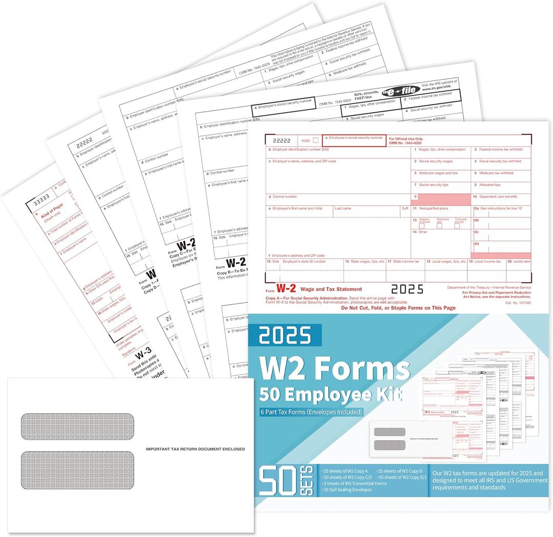 2 Pack W2 Forms 2025 with Envelopes, 6 Part Kit, 50 Employee of Laser W2 Tax Forms 2025, 50 Self Seal Envelopes, W-2 Forms for 2025 Compatible with Accounting, Includes 3 W3 Forms