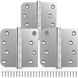 KOLET Ball Bearing Door Hinges, 4 x 4 Inches Door Hinges, Square and 5/8'' Radius Corner, Heavy Duty Stainless Steel Hinges, Smooth and Quiet, Non Removable Pin, Brushed Nickel, 3 Pack