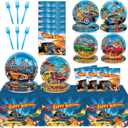 98 Pcs Race Car Party Supplies Hot Car Paper Plates Napkins Tablecloths Racing Theme Tableware Black White Checkered Table Cover for Kids Boys Baby Shower Birthday Party Decorations for 24 Guests (Blue)