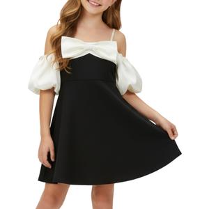 WELAKEN Puffy Sleeve Bowknot Dress for Girls Toddler & Kids II Little Girl's Spaghetti Strap Party Dresses, 10 Y Black,Champagne