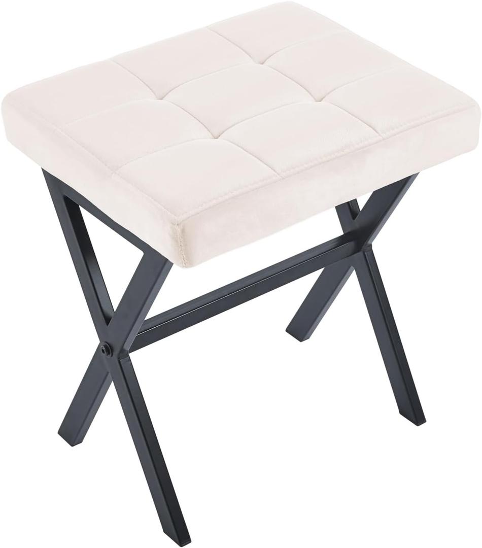 White Velvet Makeup Vanity Stool with Metal Legs, 18 inch High Ottoman Footrest for Living Room Bedroom Entryway Office