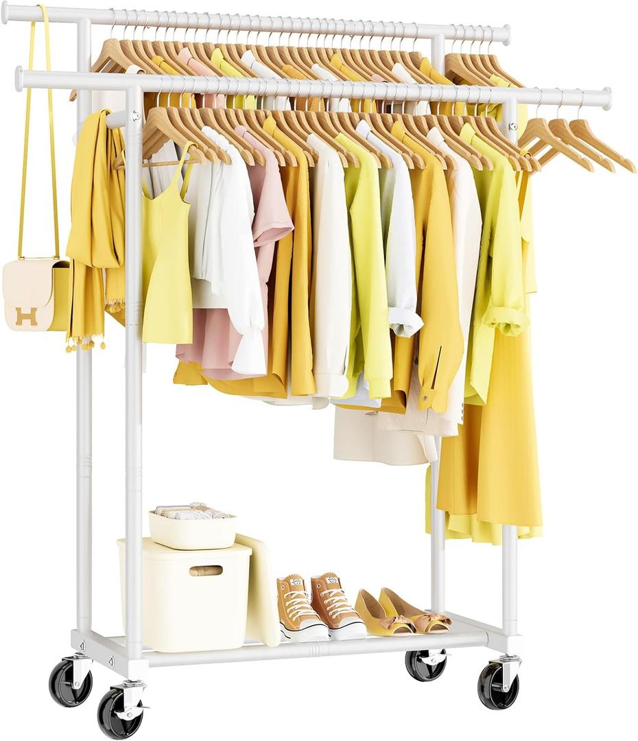 Double Rods Clothes Rack, Rolling Clothing Rack for Hanging Clothes Portable Wardrobe Rack, Metal Garment Rack Sturdy Coat Rack for Bedroom Laundry Living Room, White