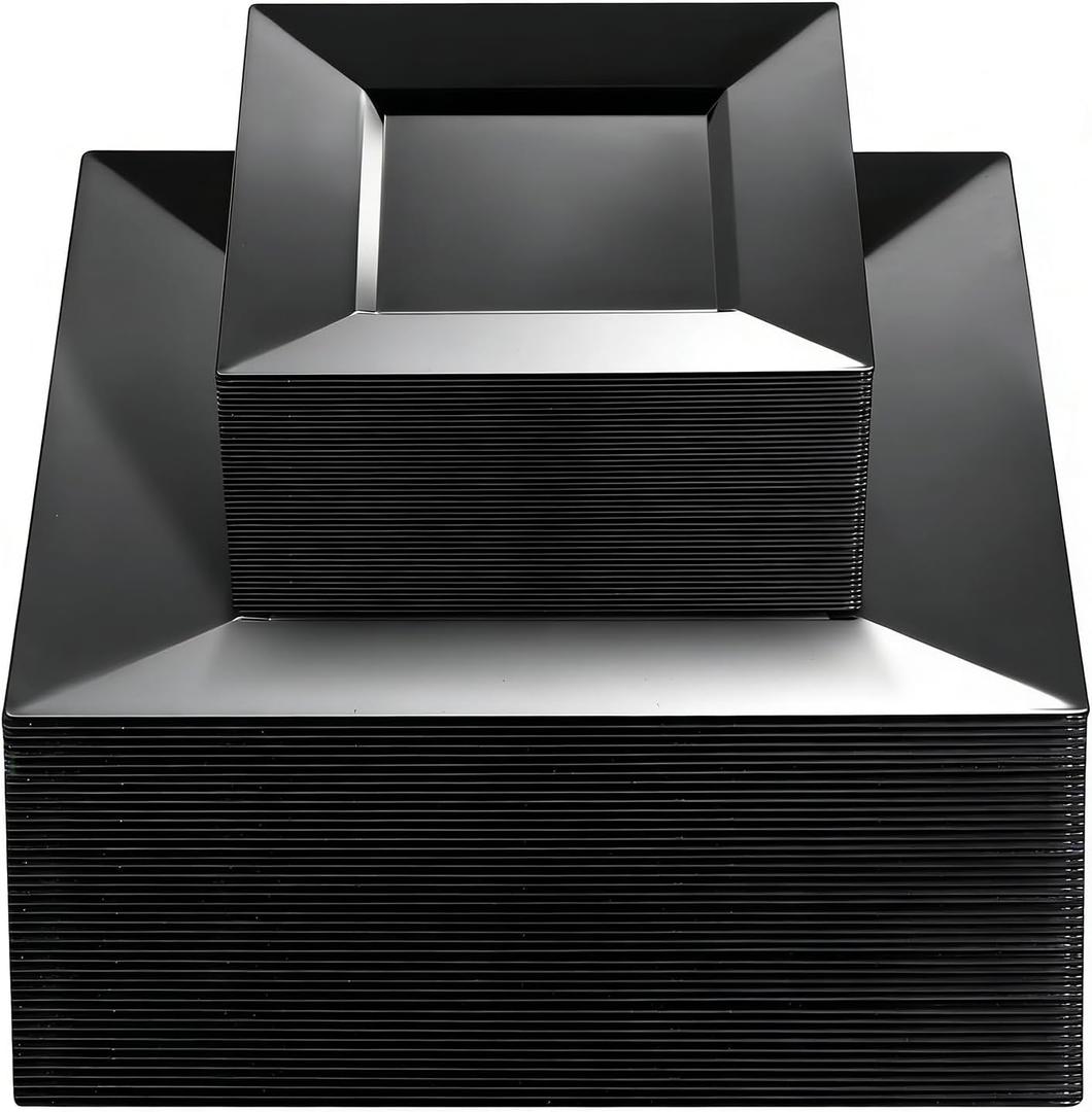 Liacere 100PCS Black Plastic Plates-Premium Black Square Disposable Plates-Include 50PCS 9.5inch Dinner Plates - 50PCS 6inch Dessert Plates for Party & New Year & Halloween