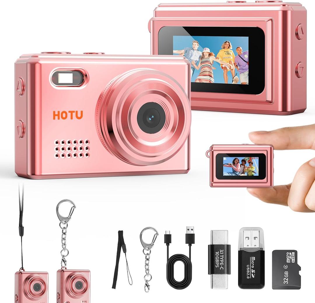 HOTU Mini Keychain Digital Camera, Y2K Pocket-Size Mini Camera, 2MP 1080P Small Camera with 32GB Card, Video Recorder with Long Battery Life for Travel, Party and Vlog (Rose Gold)