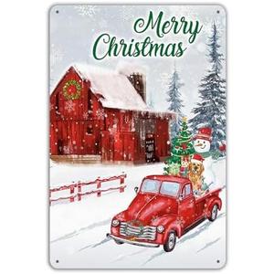Christmas Decor Red Truck Wall Decor Merry Christmas Metal Tin Sign Christmas Tree Vintage Metal Tin Signs Country Retro Christmas Decorations Red Home Decor, Set of 6