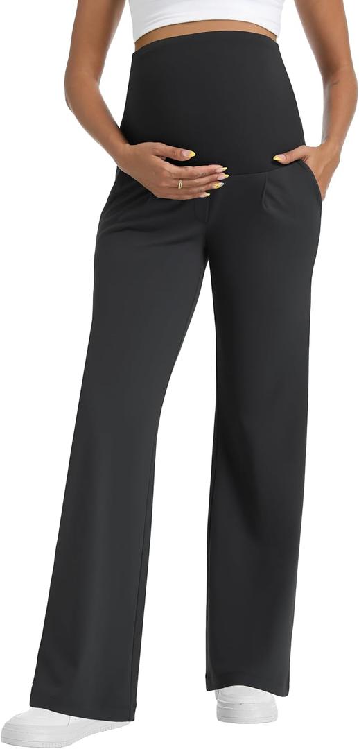 Foucome Maternity Pants for Work Wide Leg Stretchy Dress Pants Pregnancy Business Casual Trousers with Pockets (Black, M)