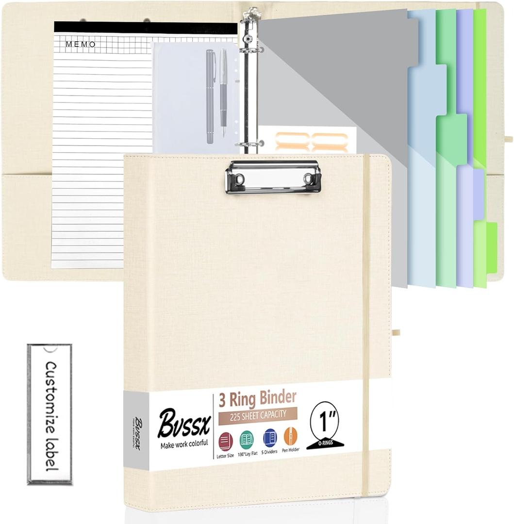 3 Ring Binder with Clipboard,1 Inch Binders with Notepad&5 Dividers with Pockets, Labels,PU Clipboards for School Office(Beige,Letter Size)