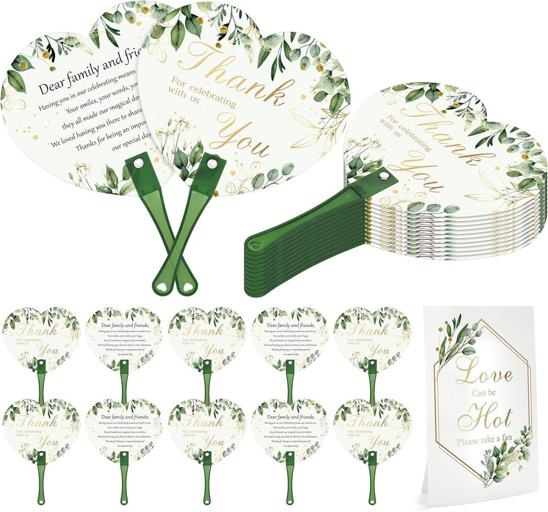 Aneco 120 Pieces Wedding Hand Plastic Fans with Wedding Table Sign Handheld Plastic Fan with Handle for Guests Bulk Wedding Hand Fans for Wedding Ceremony Bridal Shower, Green Leaves