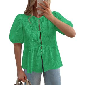 KIRUNDO Peplum Tops for Women 2026 Summer Eyelet Tie Front Blouses Casual Short Lantern Sleeve Cute Y2K Lace Babydoll Shirts (Green, S)
