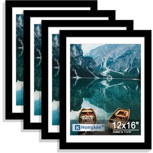 Hongkee 12x16 Picture Frame Set of 4, 12 x 16 Black Wood Style(Mat 11x14), 12X16 in