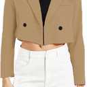 Womens Cropped Blazer Business Casual Lightweight Long Sleeve Suit Jacket Work Office Blazer for Women (Large, Tan)