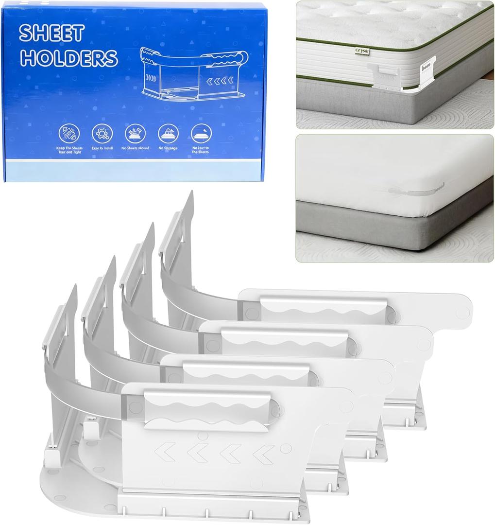 Bed Sheet Holders for Corners, 4Pcs Sheet Holders Keep Sheets Firm & Tight, Durable Heavy Duty Bed Sheet Clips, No Damage to Sheets, Universal Fit for All Sheet (White)
