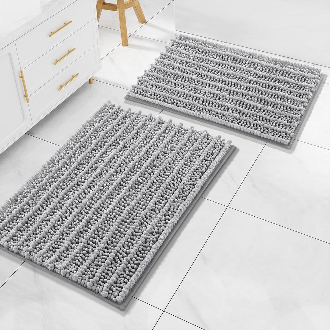 Arotive Luxury Chenille Bathroom Rugs Set 2 Piece, Extra Soft Absorbent Shaggy Bath Rugs, Non-Slip Machine Wash Dry Bath Mats for Bathroom, Shower and Tub, 30x20 and 24x16, Light Grey