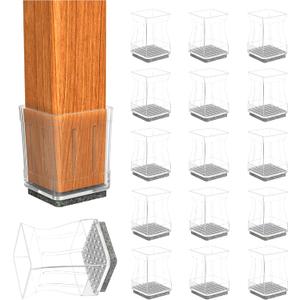 Square Chair Leg Protectors for Hardwood Floors, 16 Pcs Silicone Felt Furniture Leg Cover,1 1/4 Inch, Clear.
