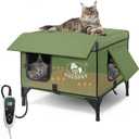 Large Heated Cat House for Outside 21x17x17 in, 100% Waterproof Elevated Base, Insulated Outdoor Cat Shelter with Heater for Feral Barn Cat, Safe Two-Way Escape Door (Green)