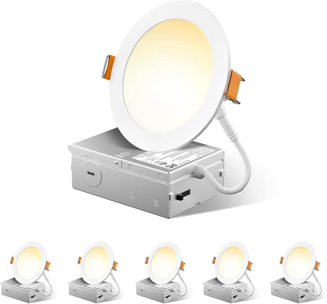 FREELICHT 6 Pack 4 Inch 5CCT Ultra-Thin LED Recessed Ceiling Light with Junction Box, 2700K/3000K/3500K/4000K/5000K Selectable, 700LM Brightness, Dimmable Canless Wafer Downlight, 10WEqv90W-ETL&FCC