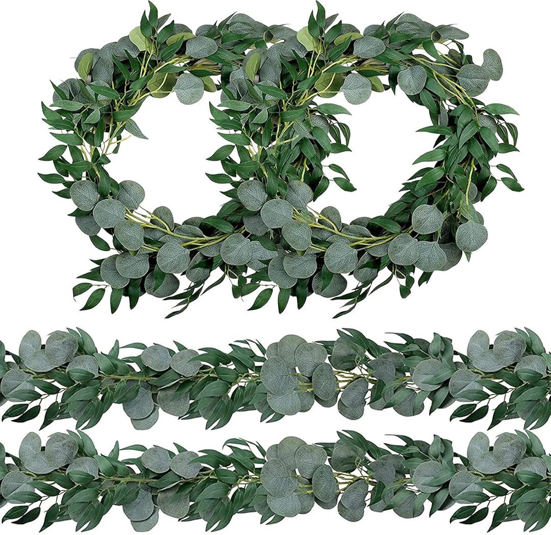 4 Pack 6.5 Feet Artificial Eucalyptus Garland with Willow Leaves Vine Greenery for Wedding Table Runner Centerpiece Arch Bridal Baby Shower Fireplace Decor