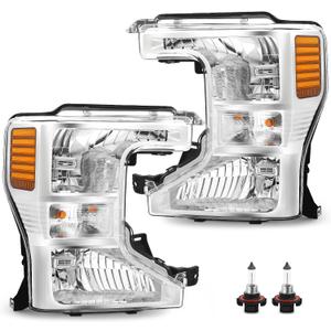 JFN Headlights Assembly W/Bulbs for 2020-2022 Ford F250 F350 Super Duty Halogen Models, Chrome Housing Amber Reflector, Driver and Passenger Side, Replacement FO2502405 FO2503405 LC3Z13008A/B