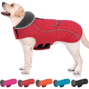 Dog Coat, Large Dog Jacket Reflective Winter Coat for Cold Weather, Windproof Pet Snow Jacket with Pocket, Warm Fleece Sweater Clothes for Large Dogs, Red, L