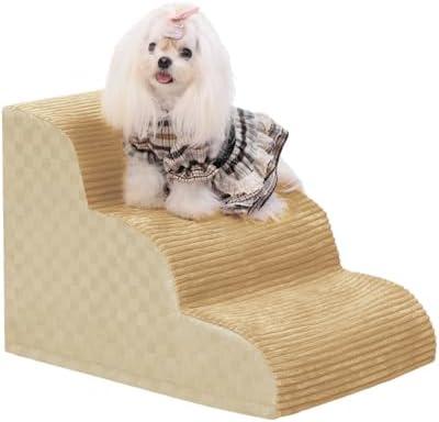 Dog Stairs Ramp for Couch 15.7”H, 3-Step Pet Stairs for Small Dogs with High Density Foam, Dog Slope Stairs with Durable Non-Slip Bottom for Puppy Khaki