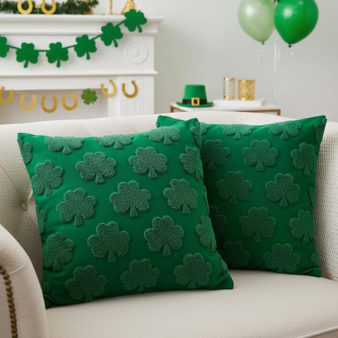 St Patricks Day Embroidery Decorative Throw Pillow Covers 18 x 18 Set of 2, Lucky Shamrock Clover Tufted Porch Outdoor Home Decor, Irish Spring Plush Faux Fur Jacquard Sofa Couch Cushion Case (Green)