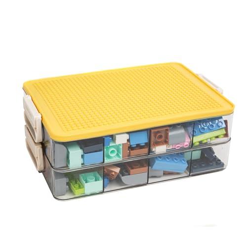 Toys Storage Organizer Bins for Lego, Stackable Toys Organizer, Lego Building Block Storage, Toy Storage Box with 24 Palace Grids, Plastic Stackable Organizer Bins (Yellow 2 layers)