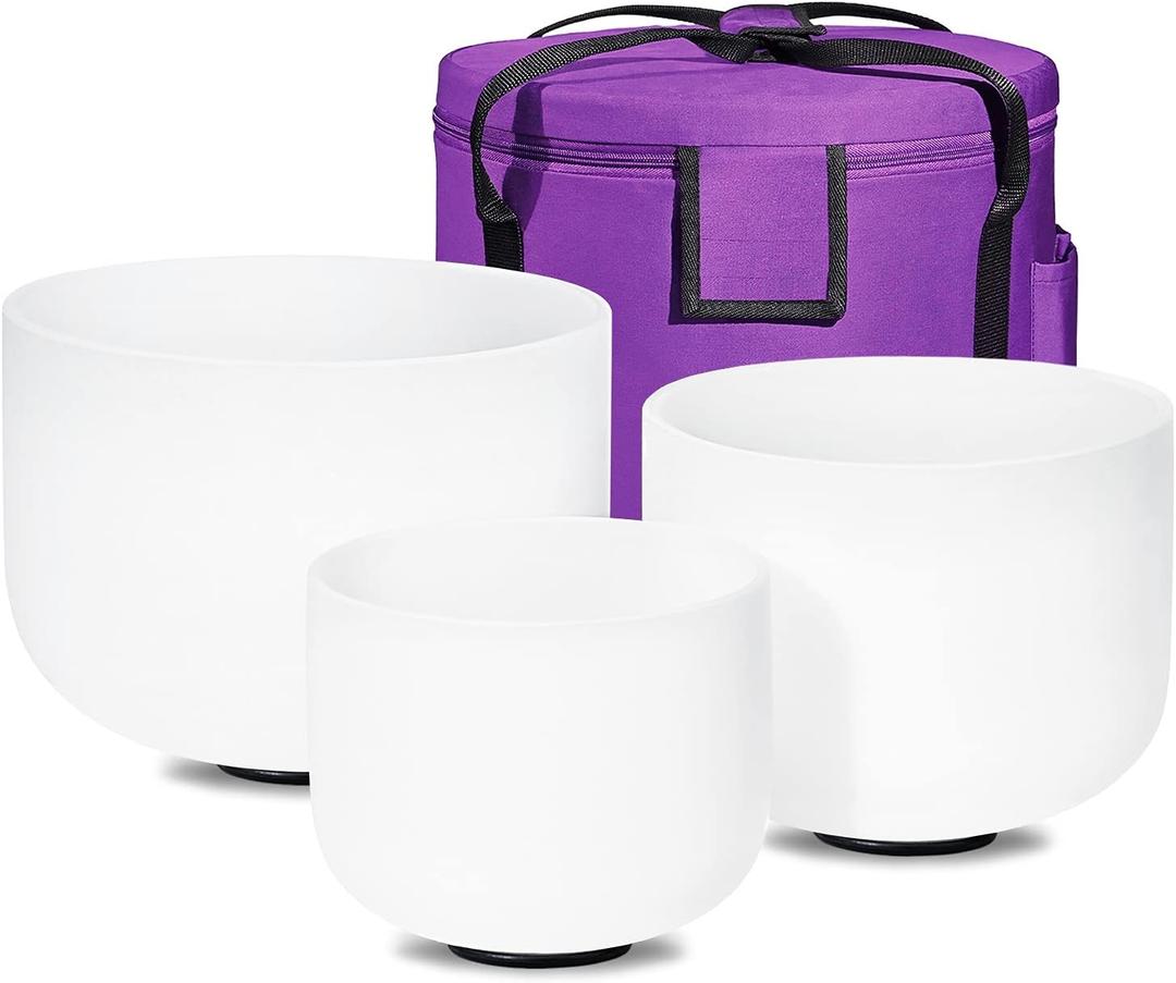 432HZ Sound Healing 8''-12'' Set of 3 Crystal Singing Bowls, Frosted Chakra Quartz Crystal Sound Bowl Set 8'' B Crown, 10'' E Solar Plexus, 12'' C Root with Carry Bags