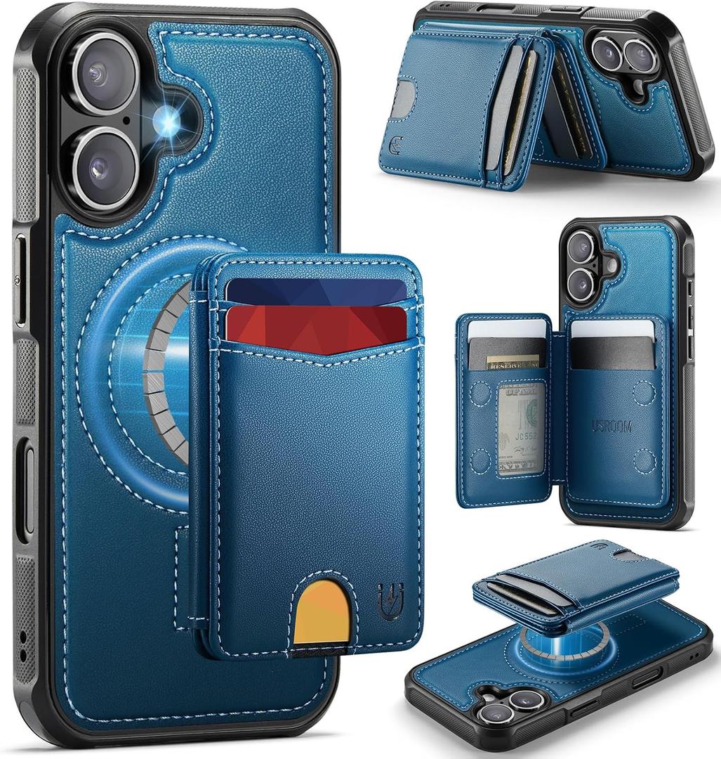 for iPhone 17 Wallet Case Compatible with Magsafe, Magnetic RFID Blocking Card Holder Kickstand 2 in 1 Detachable Case for iPhone 17 6.3", Blue