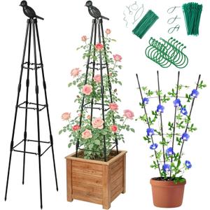 Garden Trellis for Climbing Plants Outdoor - Rustproof Plastic Coated Steel Core Tower Obelisk Trellis - Metal Teepee Trellis Vertical Plant Support for Vines Vegetables Flowers Indoor (Black - 1 Pack)