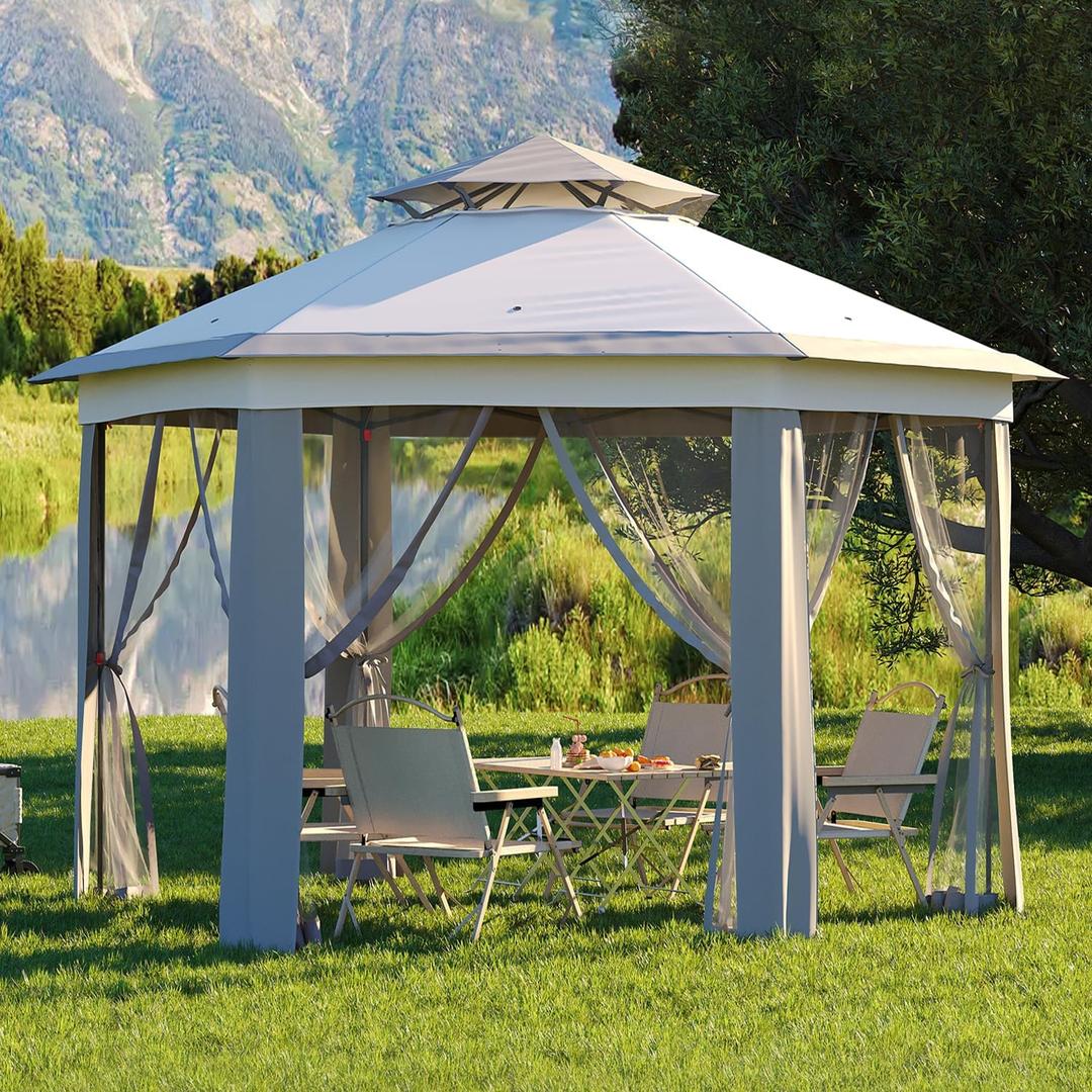 Pop Up Gazebo, 13 x 13FT Hexagonal Outdoor Canopy Shelter, Instant Patio Gazebo Tent With Mesh Netting and Strong Steel Frame for Patio Backyard Garden Wedding Party, Light Gray+Dark Gray