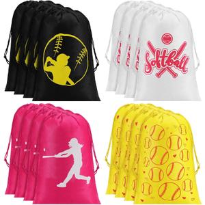 16 Pcs Softball Party Favor Bag Kids Drawstring Softball Bag, Non Woven Goodie & Treat Pack for Ball Themed Birthday Sports Party Gift, 12.6 x 8.7 Inches