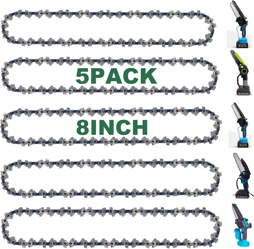 8 Inch Chainsaw Chain Replacement- 5 Chains for 8 Inch Mini Chainsaw with 45 Drive Links, 1/4" LP pitch, 043'' gauge, Compatible with Cordless Electric Battery Powered Mini Chainsaws