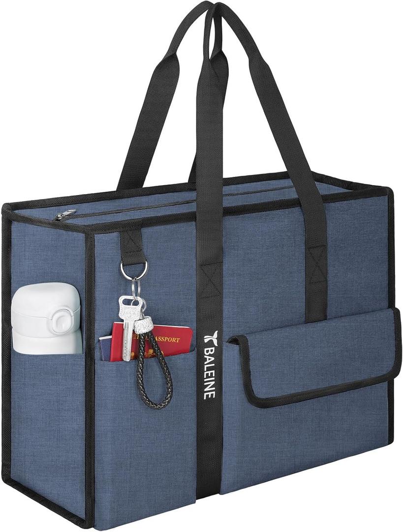 BALEINE Large Utility Tote Bag with Reinforced Bottom, Multi Pockets Foldable Tote Bag for Nurse, Travel, Work (Navy)