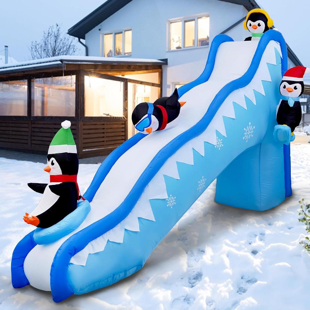6FT Christmas Inflatables Decorations Outdoor Penguin Slide Blow Up Build-in LED Lights for Yard Lawn Indoor Holiday Party, Penguin Slide
