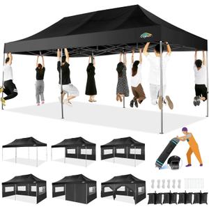 COBIZI 10x20 Heavy Duty Pop up Canopy Tent with 6 sidewalls Easy Up Commercial Outdoor Wedding Party Tents for Parties All Season Wind & Waterproof Gazebo Roller Bag, Black (Frame Thickened)