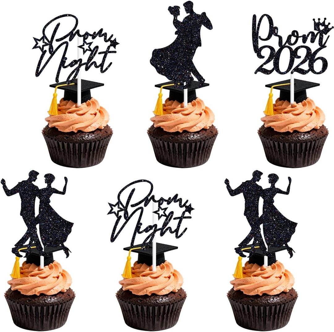 16PCS Black Glitter Prom 2026 Cupcake Toppers - Class of 2026 Senior High School Prom Night Graduation Party Decorations, 5.9''x5.5"