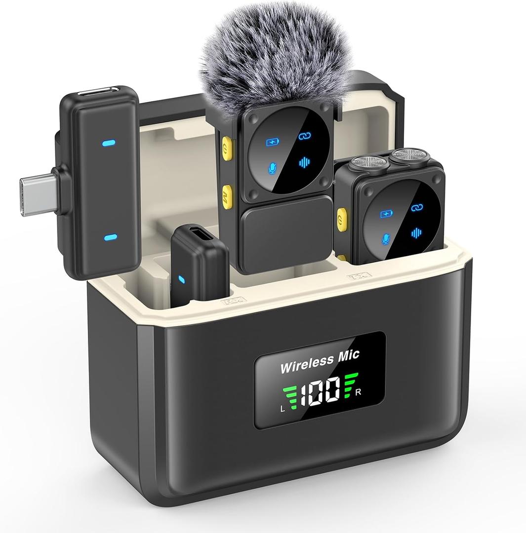 Mini Wireless Lavalier Microphone for iPhone iPad Android with Lightning/USB-C Plug, 80H Work Time Noise Reduction Lapel Mic for Recording, Clip Omni Lav Mic for Video Recording, Tiktok, Youtube, Vlog (Black J12 2IN1)