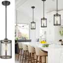 Farmhouse Pendant Light Fixtures, 1-Light Black Glass Pendant Lights for Kitchen Island, Industrial Rustic Mini Hanging Lighting with Rod, Wood Finish, Adjustable Length, OS-3014