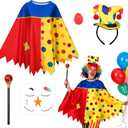 5pcs Clown Costume Women with Clown Hat Headband Poncho Cane Face Stickers and Honking Nose for Halloween Mardi Gras Party (Medium)