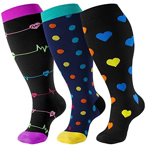 cerpite 3 Pairs Plus Size Compression Socks Wide Calf for Women & Men 20-30 mmhg-Extra Wide Calf Knee High Support Socks for Nurse 3 XL