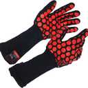 J H Heat Resistant Oven Glove:EN407 Certified 932 F, 2 Layers Silicone Coating, Oven Mitts for Cooking, Kitchen, Fireplace,Camping, Grilling (Black/Red, Extra Long Cuff)